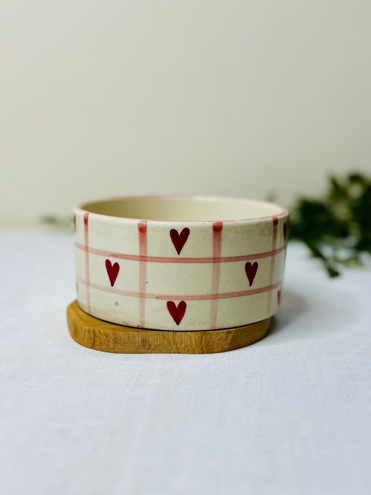 Handcrafted Ceramic Bowl – Hearts &amp; Grid Design