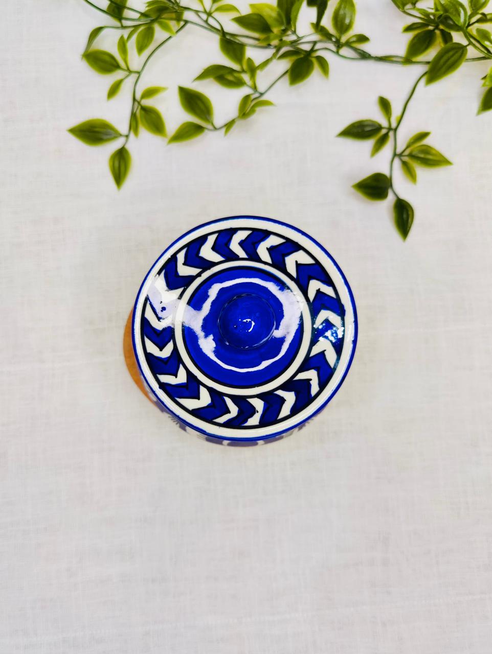 Blue & White Hand-Painted Ceramic Jar with Lid.