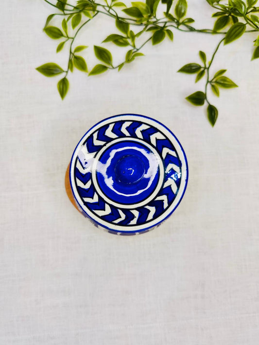 Blue & White Hand-Painted Ceramic Jar with Lid.