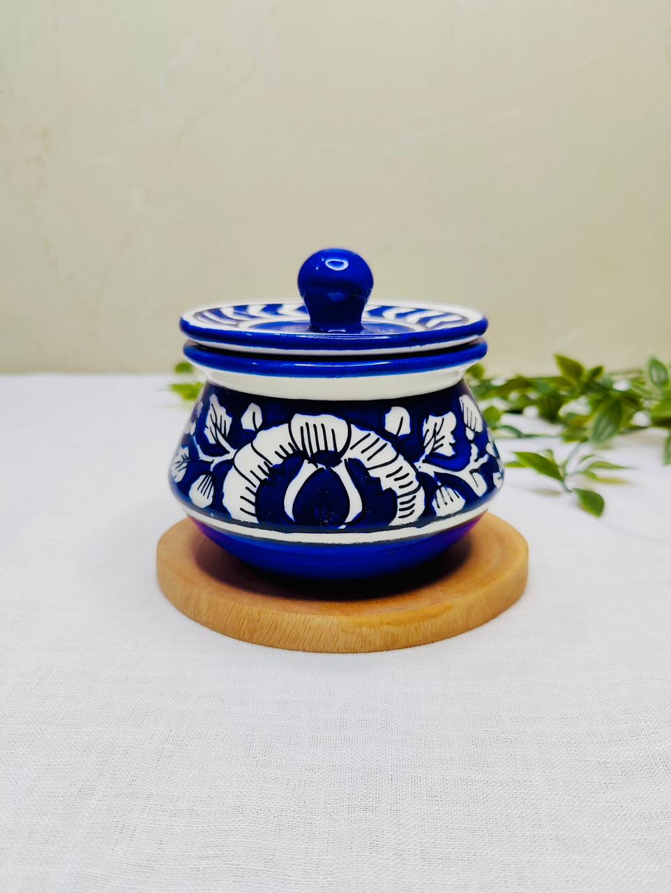 Blue & White Hand-Painted Ceramic Jar with Lid.