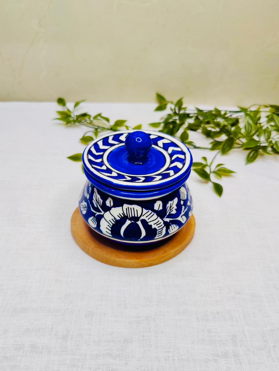 Blue & White Hand-Painted Ceramic Jar with Lid.