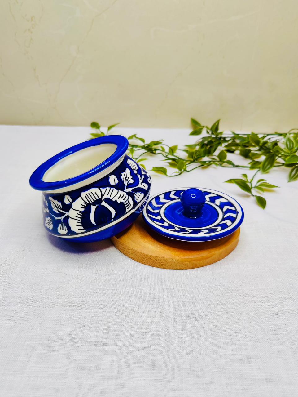 Blue & White Hand-Painted Ceramic Jar with Lid.