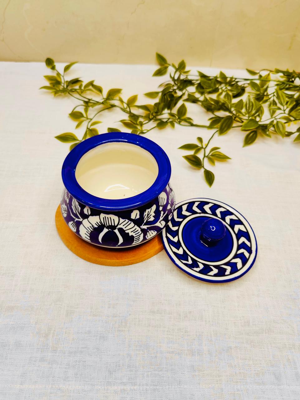 Blue & White Hand-Painted Ceramic Jar with Lid.